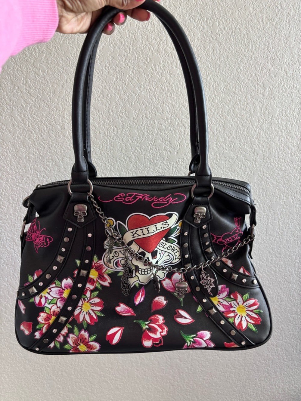 Ed Hardy Black Floral Skull Heart Shoulder Bag with Chain Charm